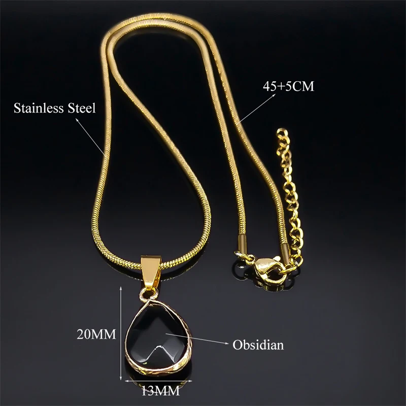 Wassertropfen Schwarz Natürlicher Obsidian Stein Anhänger Halskette für Frauen Vintage Edelstahl Schlangenkette Choker Halsketten Schmuck – Detail 3