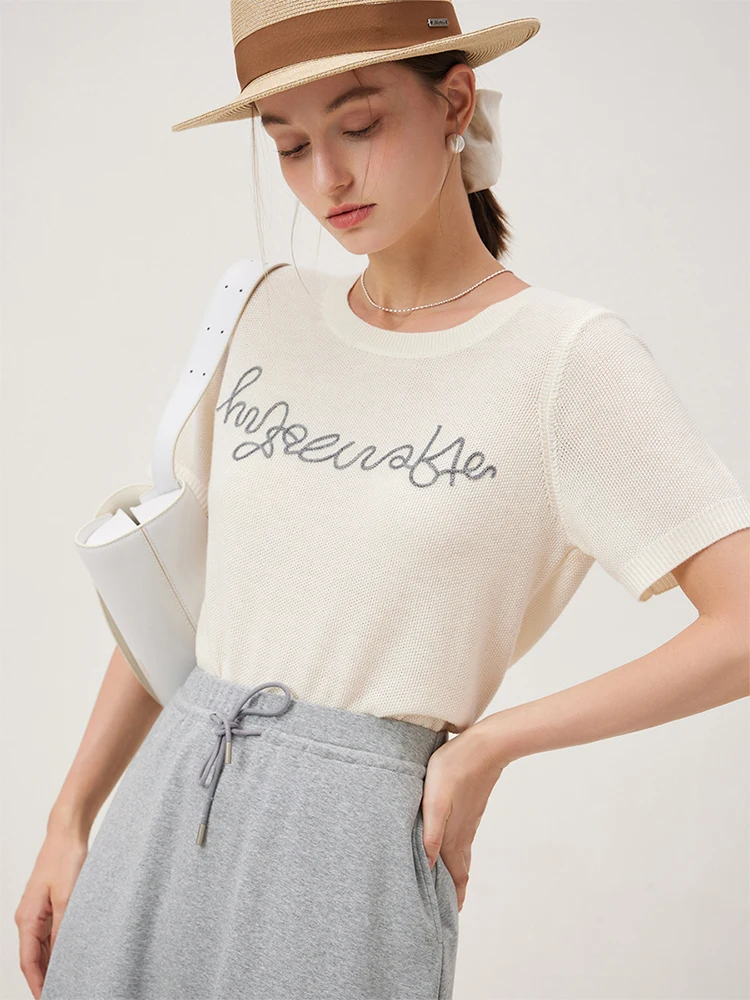 FSLE Women Summer Knitwear Blue Short Sleeve Female Round Neck Knitted T-Shirts Letter Embroidery Design Women Tees 24FS12889