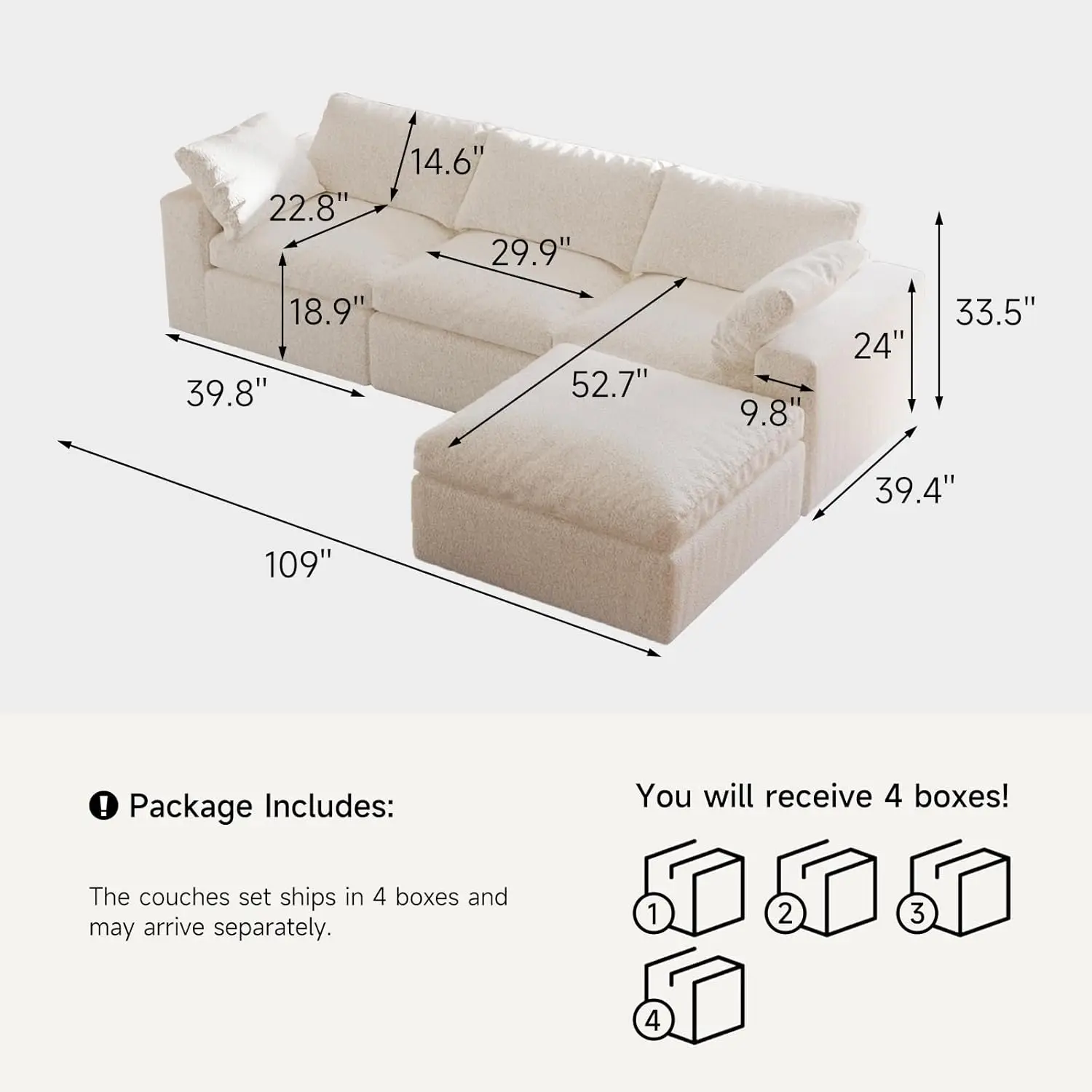 109in Modular Sectional Sofa L-Shape Washable Cover Ottoman Living Room 3-Seat White Customized