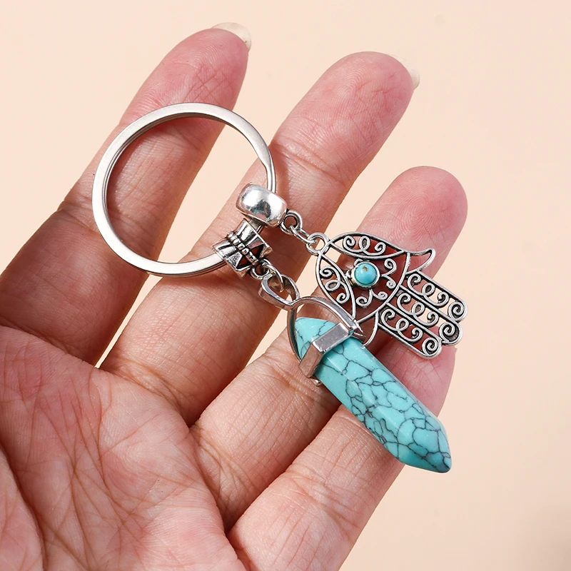 Natürliche sechseckige Säule Stein Schlüsselanhänger Frauen Männer Quarz Opal Kristall Schlüsselanhänger Auge Fatima Hand Sonne Mond Schmuck Party Geschenke – Detail 4