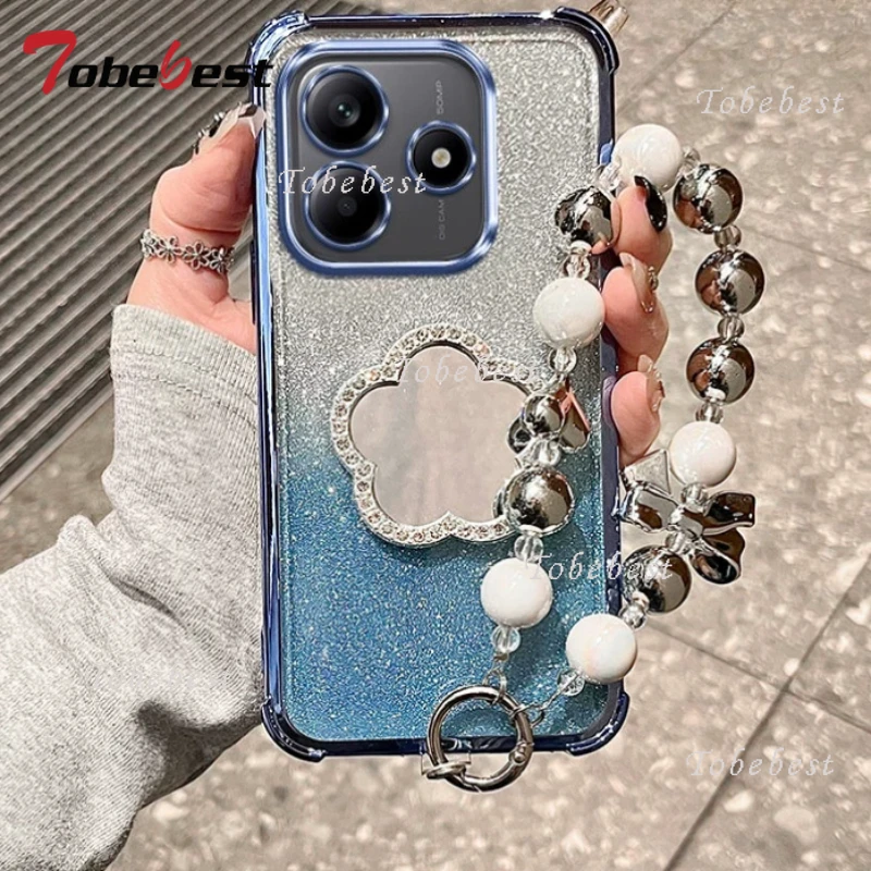 

Противоударный чехол-браслет с блестками и зеркальным покрытием в виде цветка для Xiaomi Redmi Note 15 14 Pro Plus 15C 14C 4G 5G, силиконовый чехол