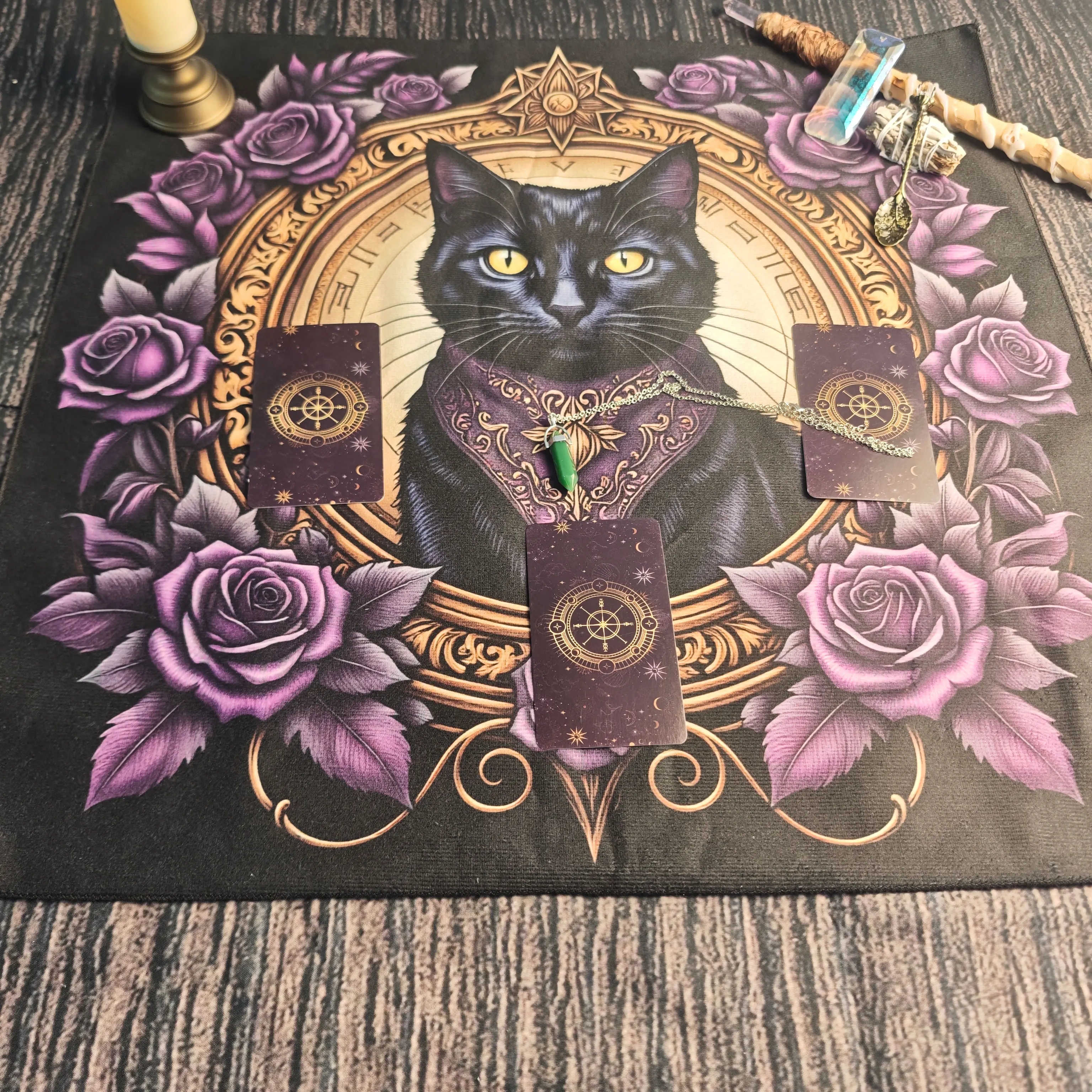 Mysterious Black Cat Tarot Tablecloth, Wiccan Altar Cloth with Purple Rose Rune Design Square Divination Mat for Tarot Card Rea