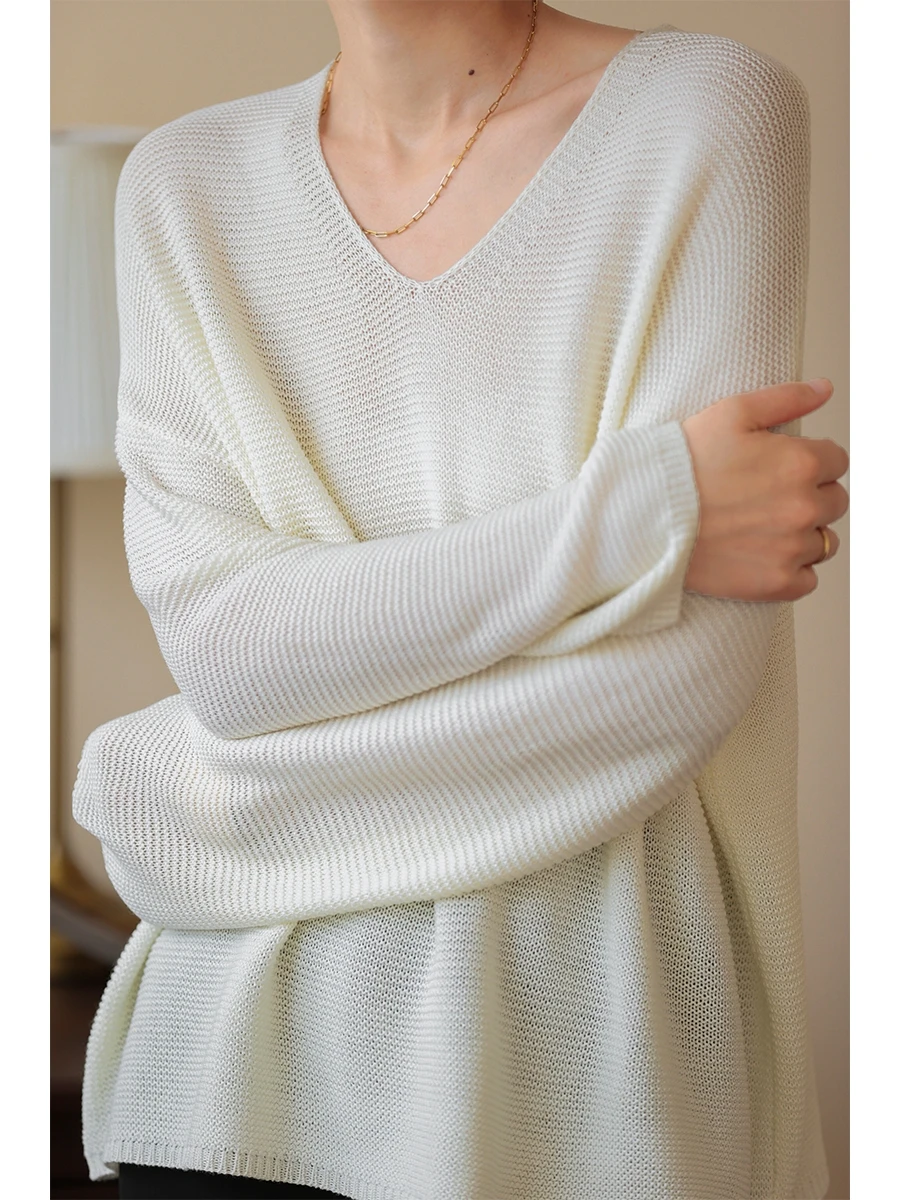 

Женский свободный пуловер с V-образным вырезом из хлопка и льна, белый, простой, универсальный, удобный, с длинными рукавами, осенняя новинка