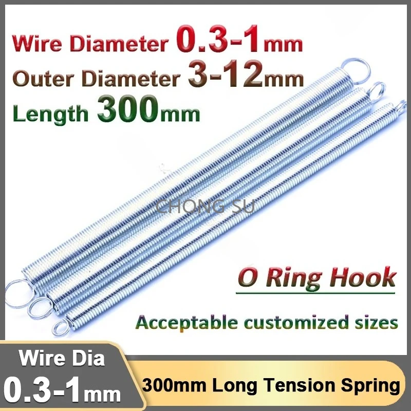 

Length 300mm Galvanized Tension Spring Expanding Extending Spring Double Loop Stretching Spring O Ring Hook Wire Dia 0.3-1mm