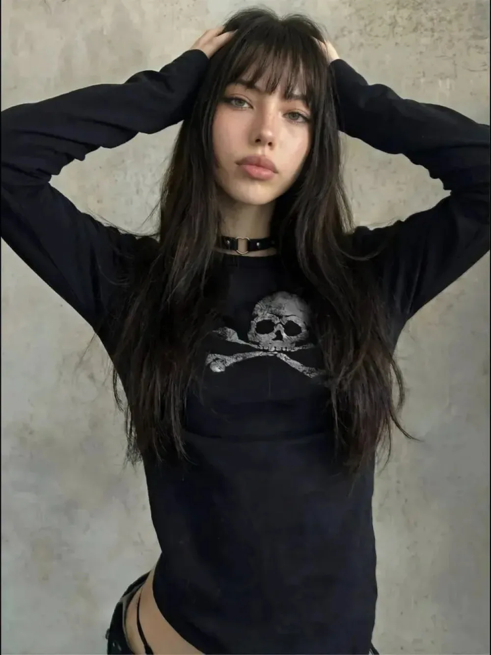 2026 New Retro Punk Skeleton Cross Bone Pentagram Printed Long Sleeve T-shirt with Button Cuffs Decadent Street Cotton Inner Top