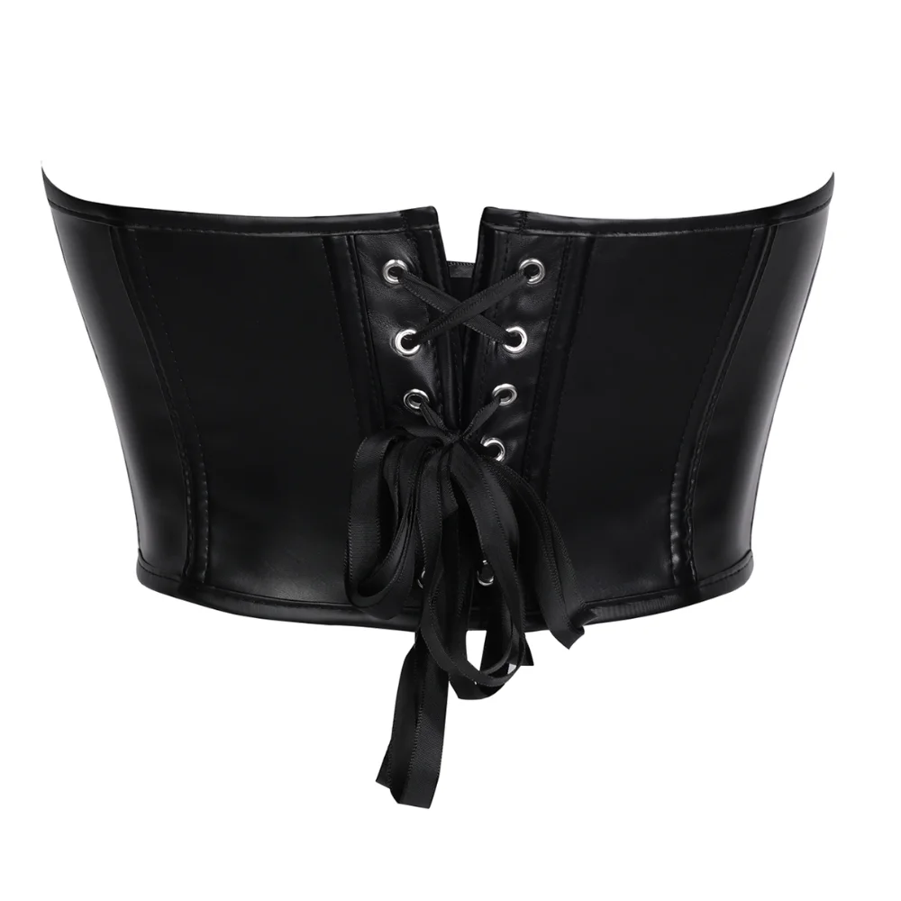 Women Faux Leather Strapless Corset Boned Back Lace Up Waist Cincher Gothic Party Club Night Out Wear image 2