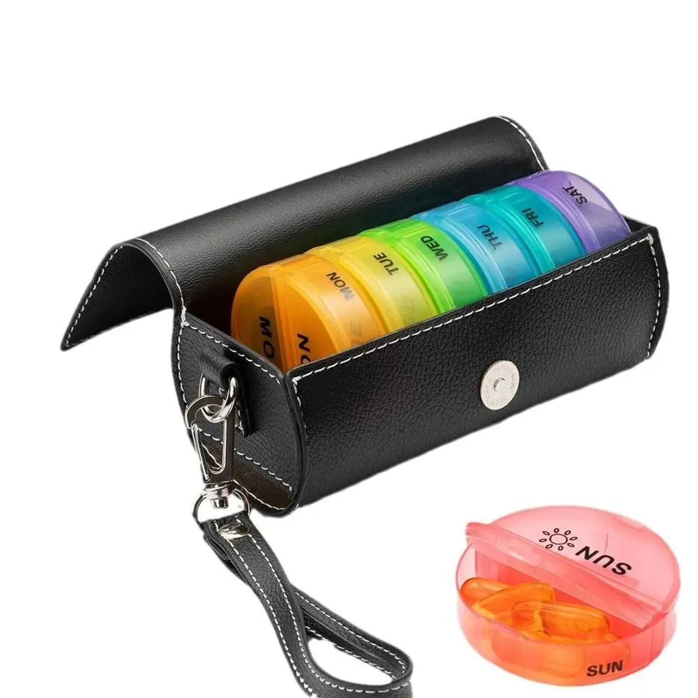 PU Leather 7-Day Pill Organizer AM/PM Compartments Drug Container Rainbow Pill Box Portable Dust-proof 14-Grid Vitamin Storage