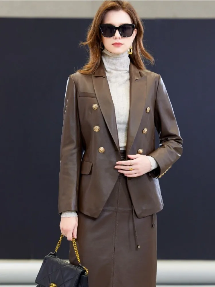 Office Ladies Elegant Genuine Leather Suit Jacket Slim Fit Spring Autumn Fashion Outerwear Women Double Breasted Sheepskin Coat
