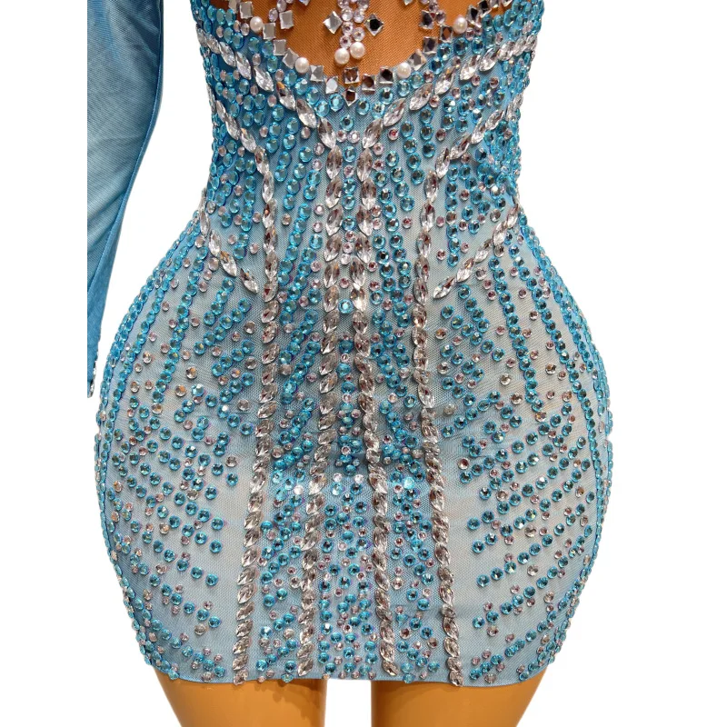 Sexy Mesh Transparent Sparkly Rhinestones Chains Long Sleeve Short Dress Celebrate Evening Prom Birthday Dress Show Stage Dress