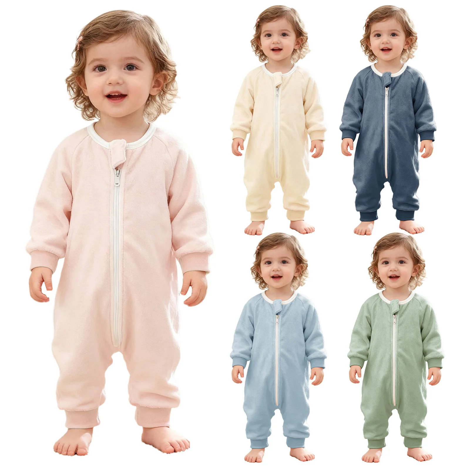 ملابس أطفال أولادي وبناتي رومبير من الفلانيل ملابس منزلية للخريف والشتاء بأكمام طويلة بلون سادة وسحاب بذلة ملابس نوم ملابس للاستلقاء