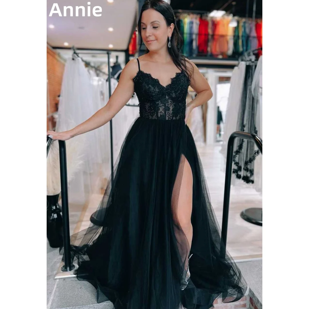 

Annie Black Wedding Dress Lace Embroidery Tulle A-line Prom Dresses Sexy Backless Side Slits Cocktail Dresses Vestidos DeFiesta