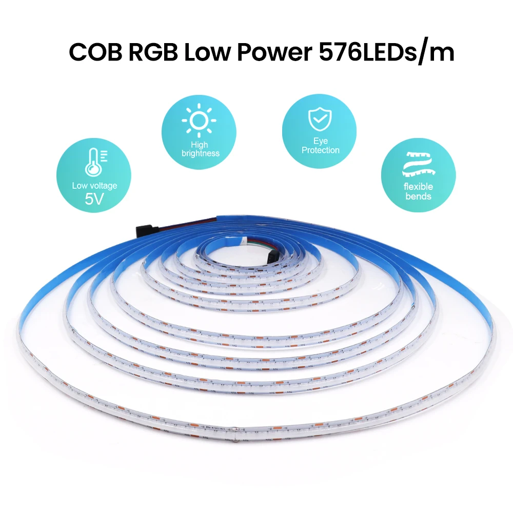 5V RGB COB Dimmable LED Strip Light USB Bluetooth WIFI Remote Control 576LED/M Flexible Tape RA90 High Density Linear Lighting