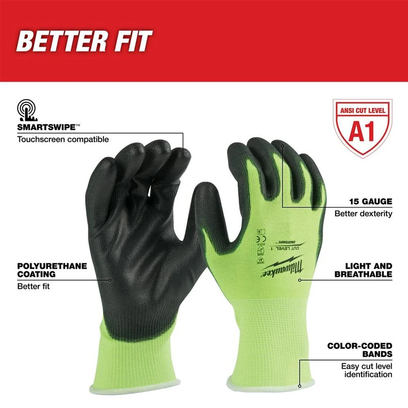 Milwaukee 48-73-8911 48-73-8912 High Visibility Cut Level 1 Polyurethane Dipped Gloves Light Breathable Cut Resistant Hand Tool