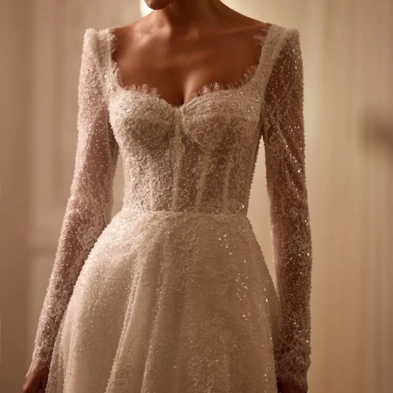 

ivory white Appliques Lace Wedding Dresses of off-shoulder A-line decal long sleeves Bridal Gowns Made Customized