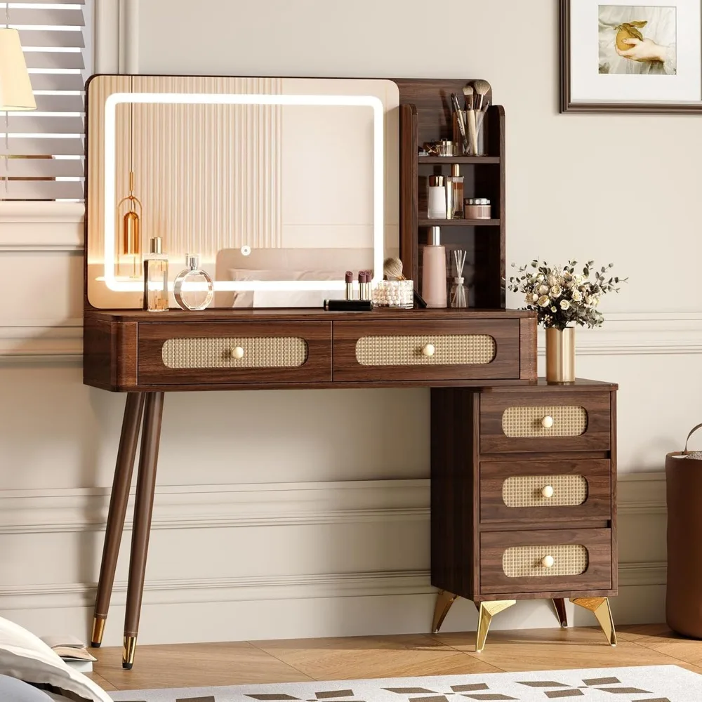 Туалетный столик для макияжа Vintage 47, зеркалом, подсветкой, 5 ящиков, полкой для хранения, стиль ротанга