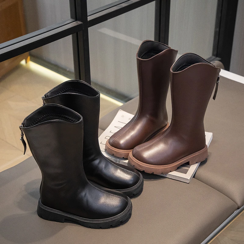 

Classic Children's Fashion Causal Boots Black Brown School Girls Mid-calf Boots Platform Round-toe Kids Catwalk Leather Boots