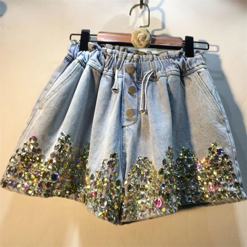 

Summer elastic waist denim short women fashion high waist shorts beaded diamond wide leg shorts women