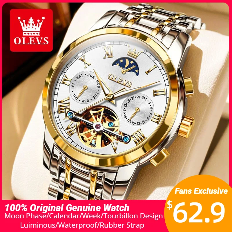 OLEVS Original Automatic Mechanical Watch for Men Luxury TOP Brand Waterproof Luminous Moon Phase Tourbillon Wristwatch Male