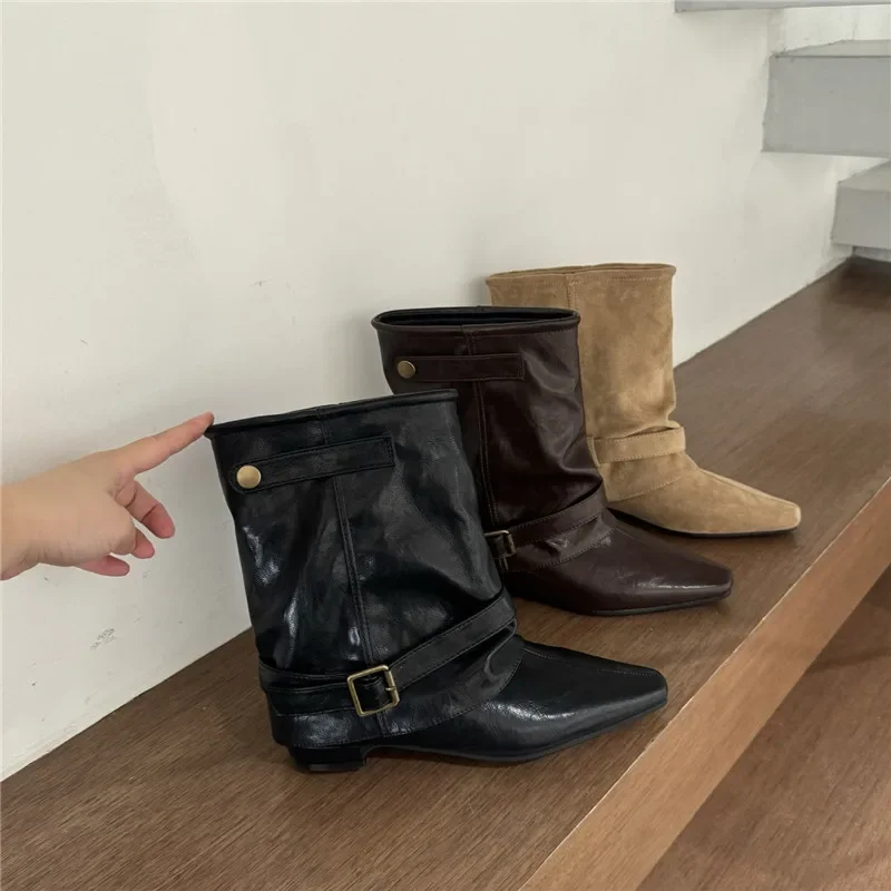 

Fashion Designer Boots Women Pointed Toe Belt Buckle Modern Short Boots Female Western Style Winter Ankle Boots for Women Botas