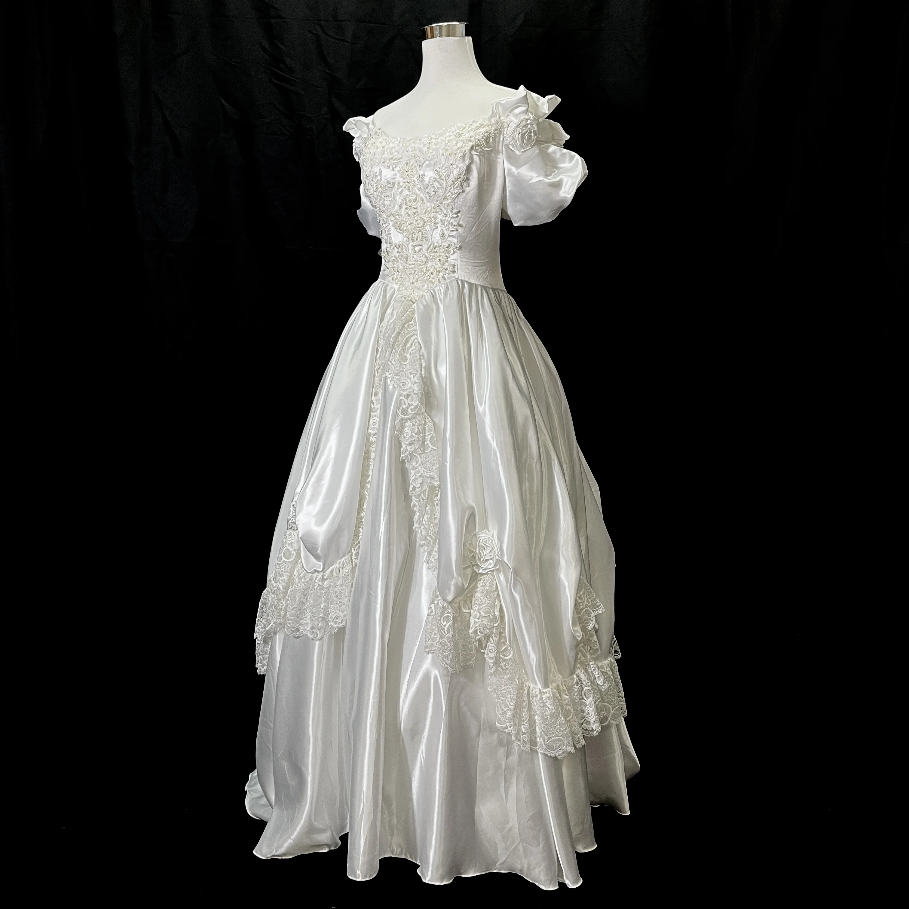 AnXin SH-vestido de novia antiguo vintage, princesa blanca, mancha, flor de encaje, cuello de barco, rosa, manga abombada, cuentas, perlas de cristal, LZ