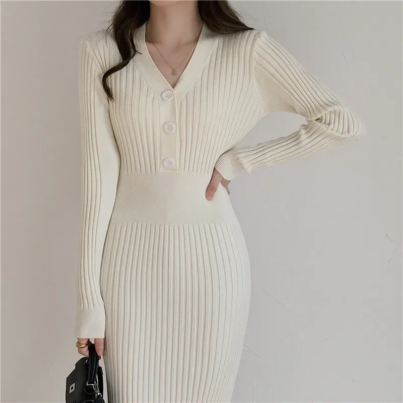 

Woman Dress Vintage Knitted Sweater Long Sleeve Dresses Women Slim Bodycon Korean Elegant Fall Winter Button V Neck Midi Sweater