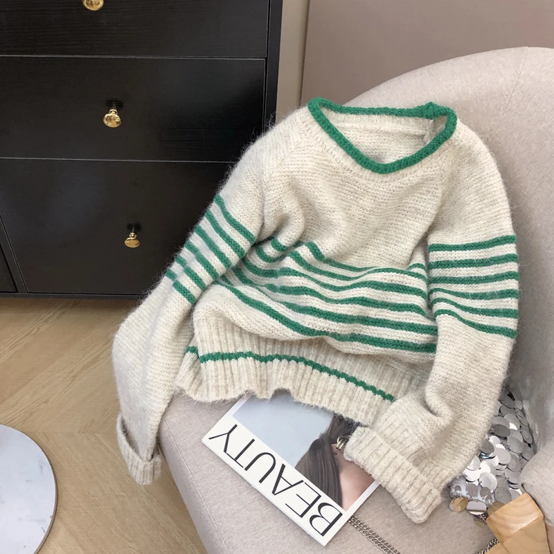

Retro Green Striped Round Neck Pullover Sweater Women Autumn Versatile Loose Long Sleeve Knit Tops Korean Simple Casual Knitwear