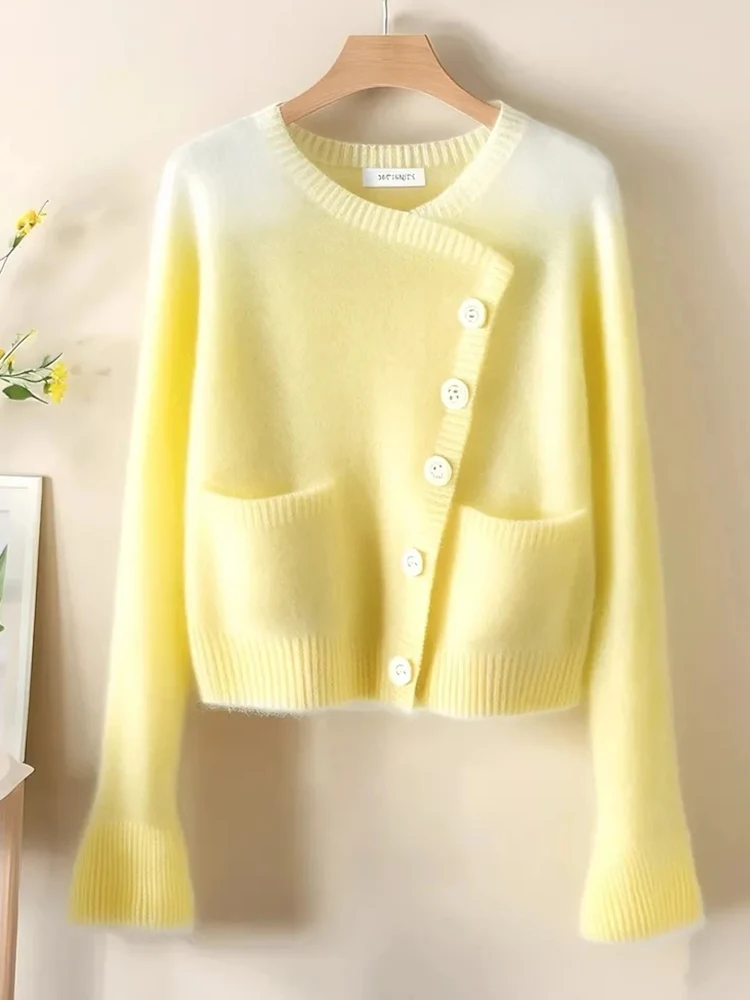 Gradient Yellow Sweet Cardigan Women Elegant Lazy Wind Long Sleeve Knitted Sweaters Vintage Design Female Fall Pockets Tops New