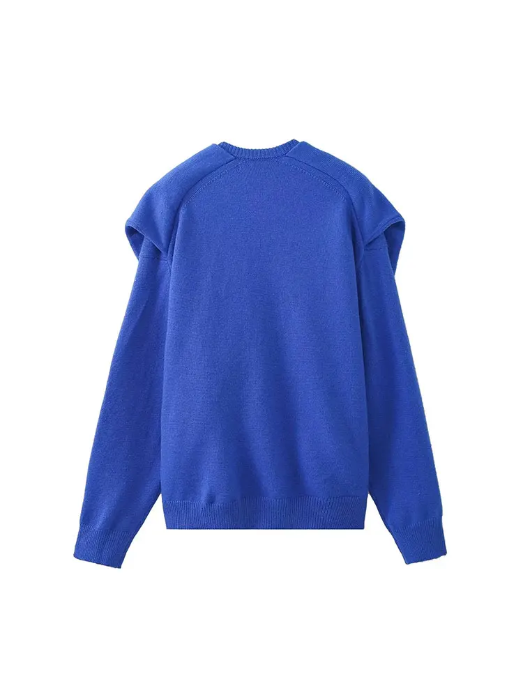 TRAF 2024 Autumn Winter Pullover New Women\'s Fashion Versatile Blue Knotted Style Sweater