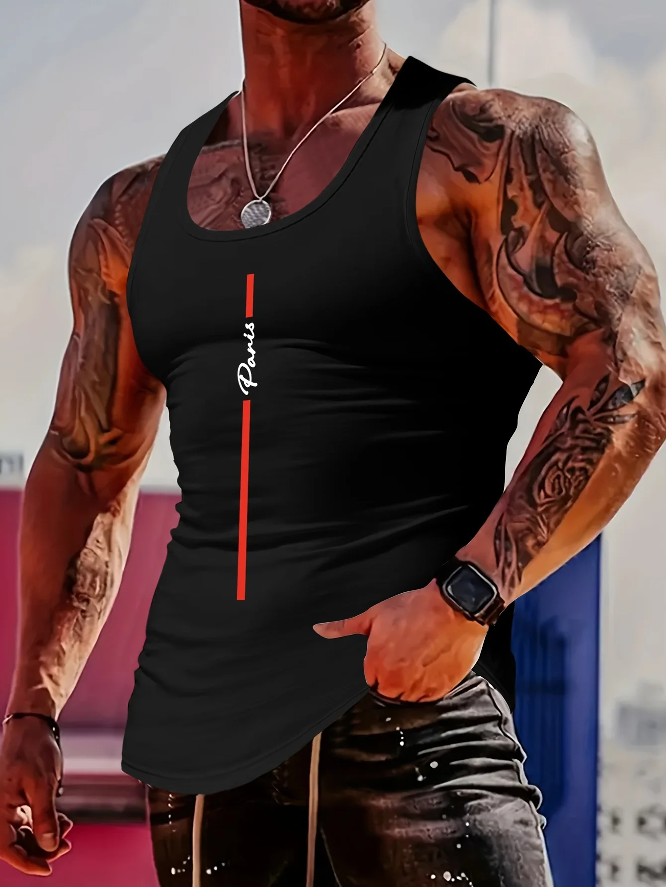 Must-have for muscular men: Parisian Lines Print Sleeveless V-Neck Top