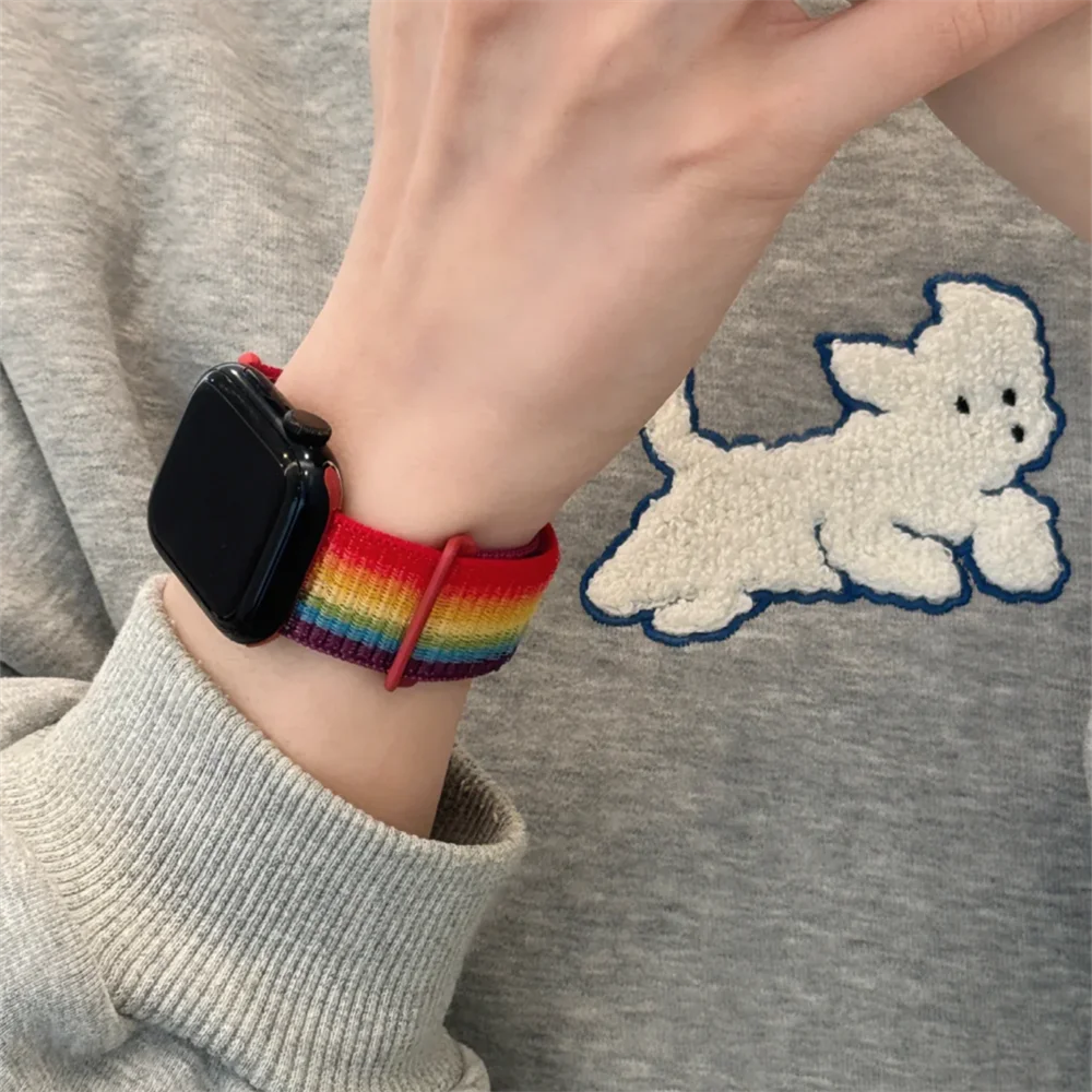 INS Pride Rainbow Nylon Sticker Band Loop For Apple Watch 45mm 41 40 44 42 38mm Lovely Soft Sports Strap For Series 9 8 7 6 5