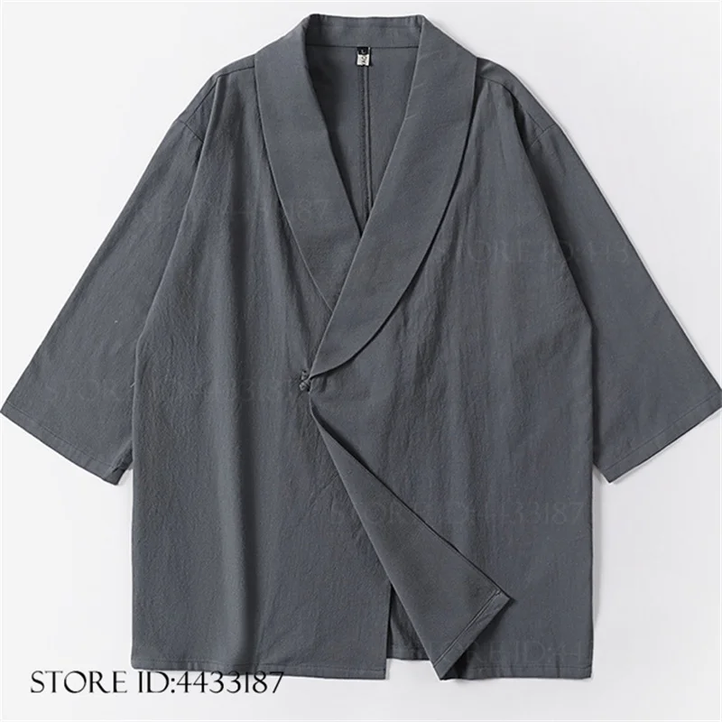 

Мужской кардиган-кимоно больших размеров (3XL-9XL) из хлопка, традиционная куртка Ханфу, кимоно-юката, хаори, костюм самурая, свободная рубашка, верхняя одежда