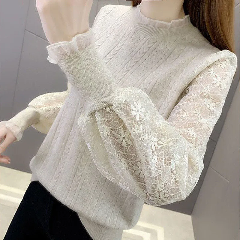 Women Lace Patchwork Chic Long Sleeve Soft Comfortable Knitted Sweater Spring Fall Fashion Solid Slim Pullover Basic Ladies Tops