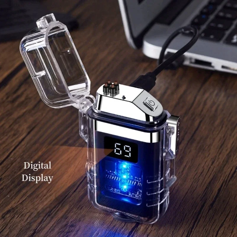 Electric Lighter USB Rechargeable Cool Windproof Dual ARC Plasma Lighters LED Light Battery Display for Outdoor Camping Gadgets