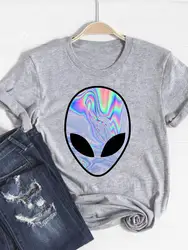 Print T Shirt Short Sleeve Alien Face Trend 90s Summer Clothes Women Clothing Fashion Graphic T-shirt Gray Basic Tee Top