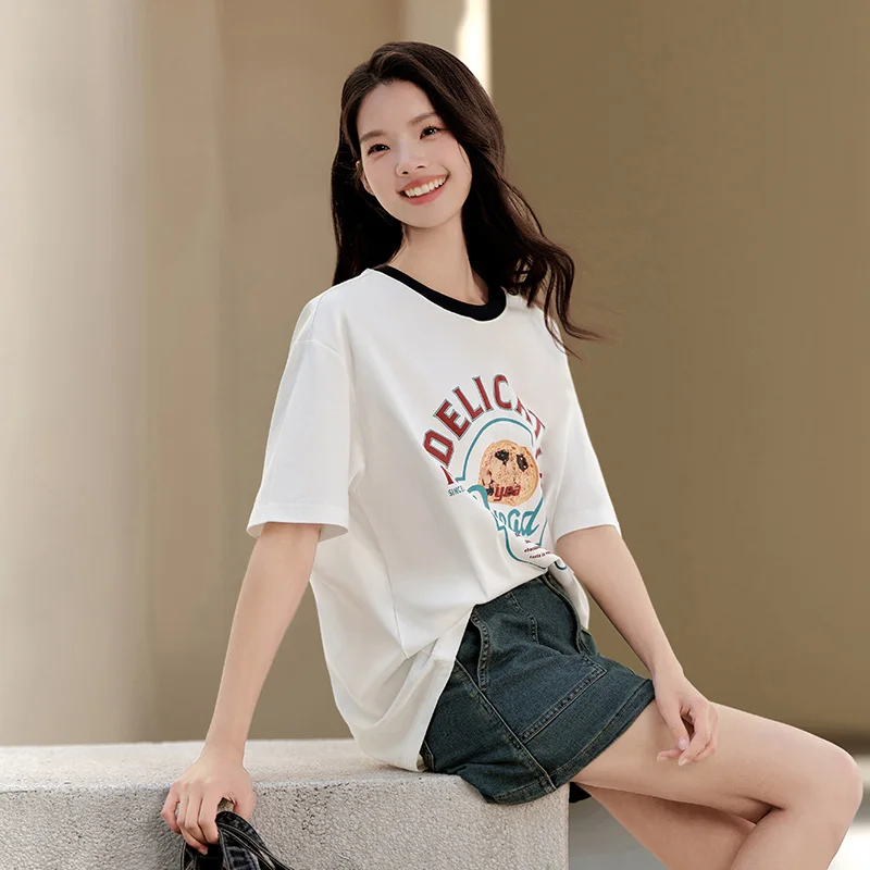 Semir Short-Sleeved T-Shirt Women Mid-Length Vintage Print 2024 Summer New Moisture-Wicking And Sweat-Absorbing Loose Fit Top