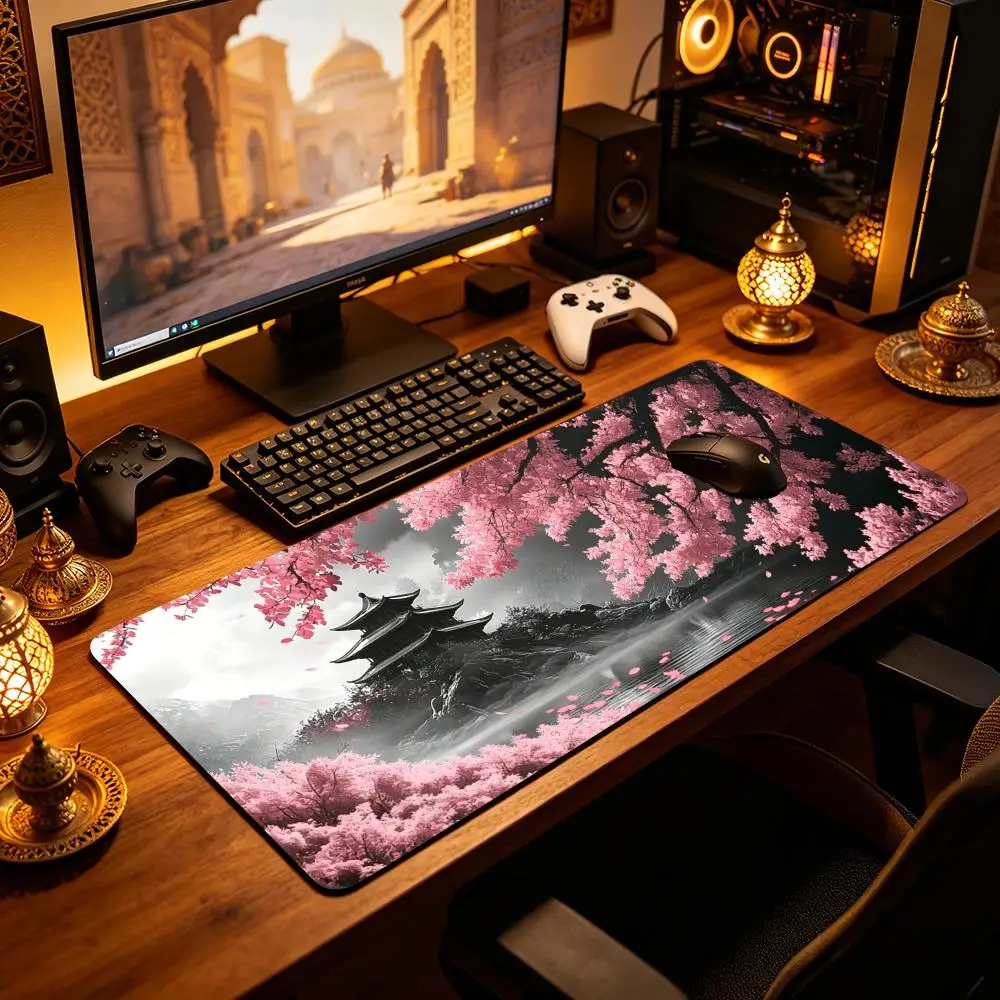 Aesthetic Japanese Cherry Blossom Desk Mat Large Mousepad Pagoda Landscape Gaming Keyboard Mat Non-Slip for Office Room Decorati