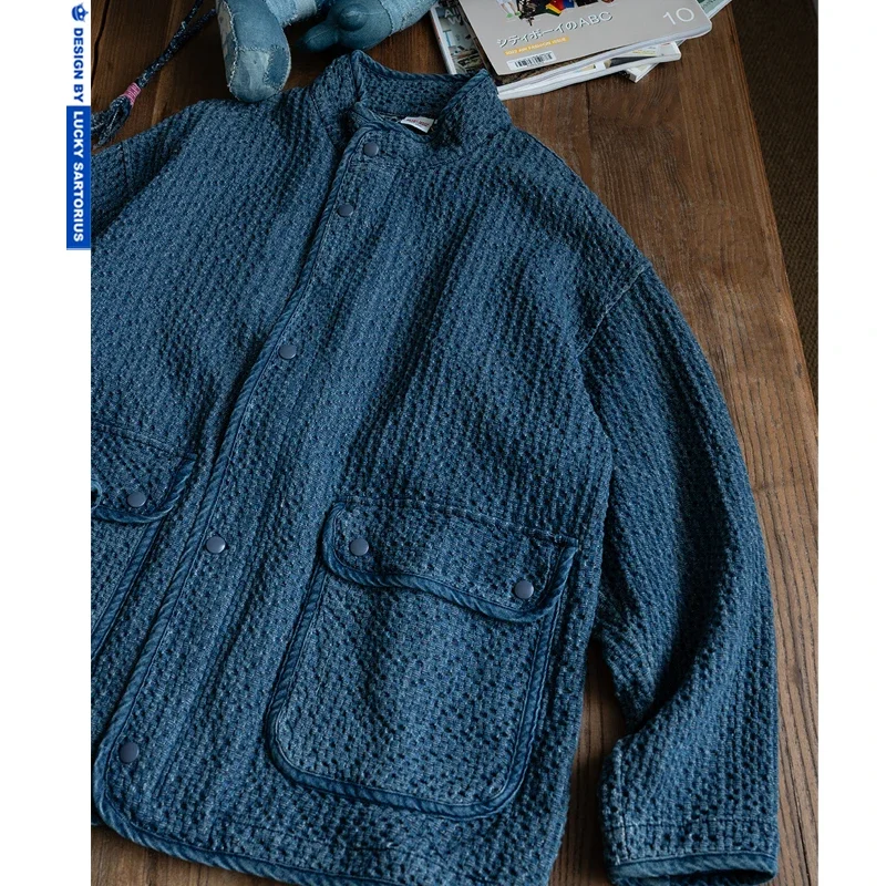 Japanese Spring Autumn Style Men's Washed and Worn Imitating Kendo Fabric Standing Collar Blue Jacket Women's Coat