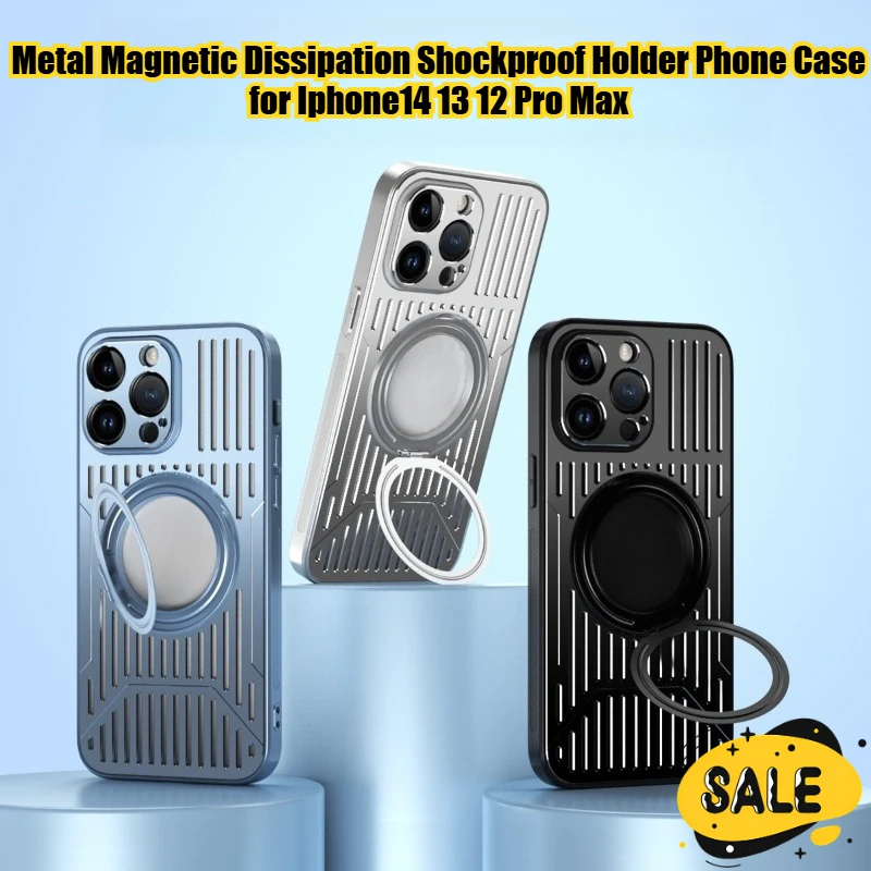 

Metal Magnetic Heat Dissipation Shockproof Holder Phone Case for Iphone14 13 12 Pro Max Simple Design 360 Ring Rotation Holder