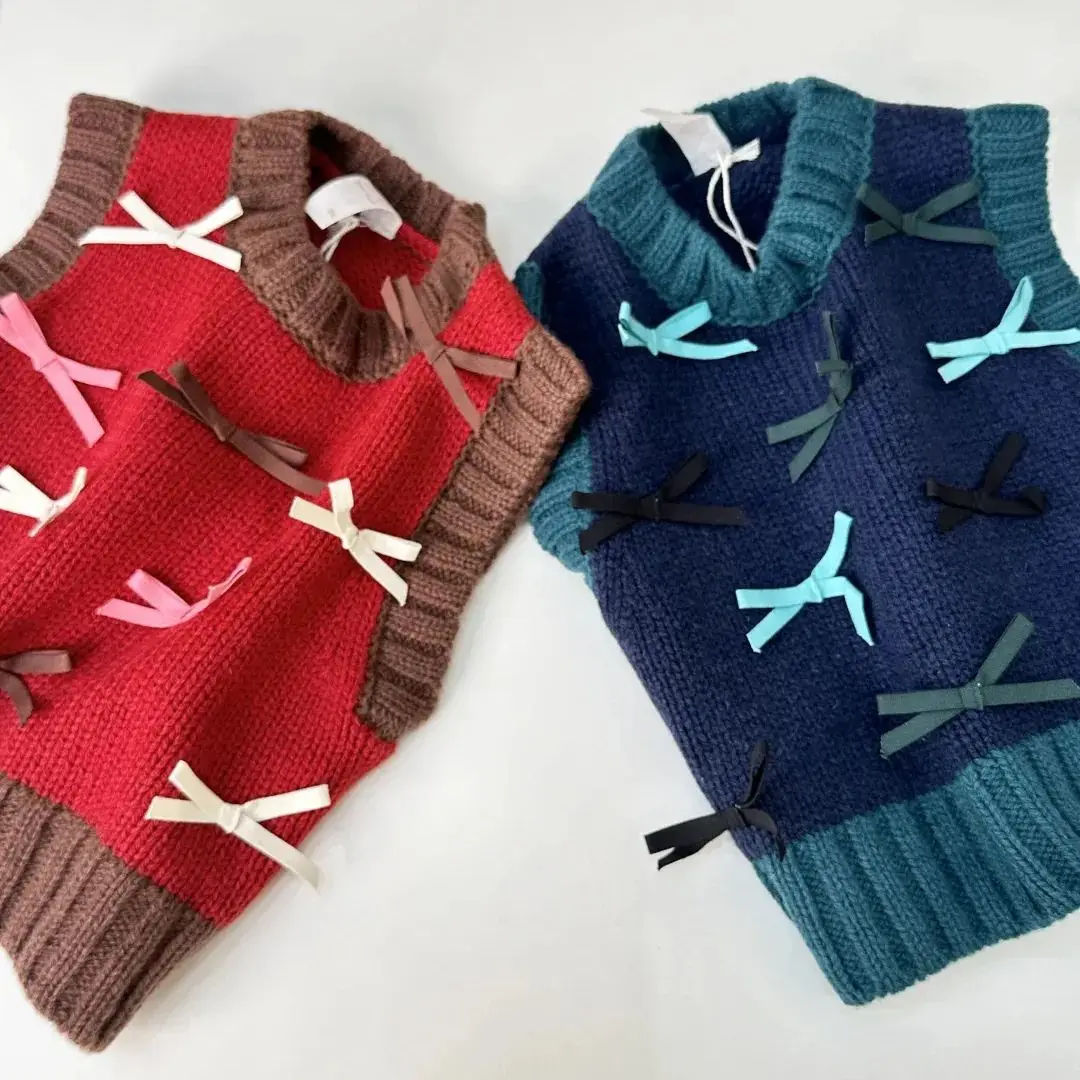 

Children's Autumn Winter Wool Vest 2025 New Butterfly Knot Outerwear Girls' Autumn Sleeveless Knitted Sweater