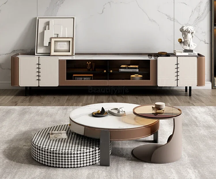 

Living room coffee table rock slab saddle leather small apartment Nordic style round coffee table