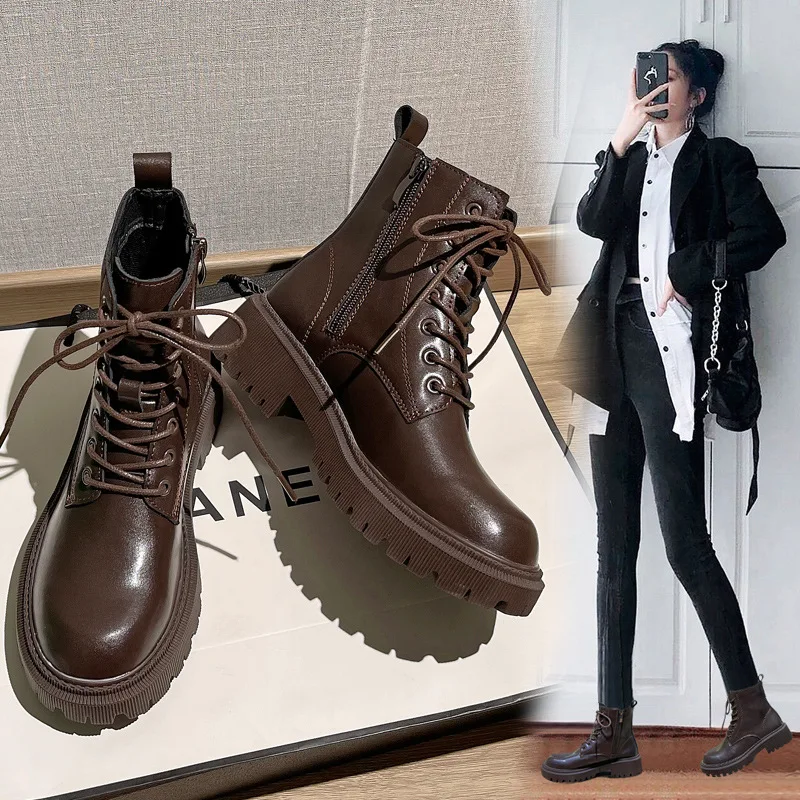 

Women's new retro leather cowhide round toe mid heel and calf strap zipper thick soled fashion short boots motorcycle boots