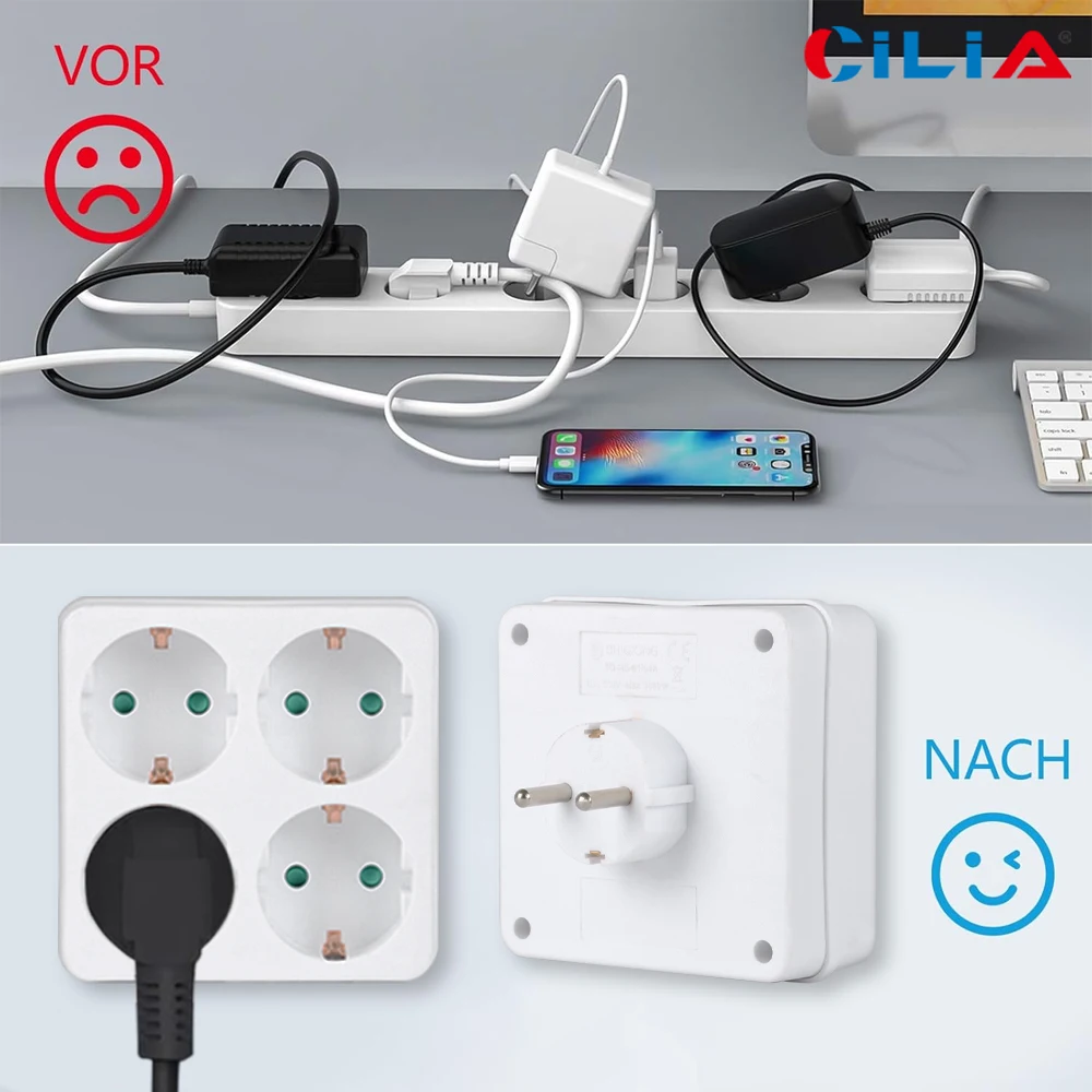 CILIA 1/2/4 قطعة محول تمديد مقبس الطاقة للاتحاد الأوروبي، 4 منافذ تصميم مربع مدمج للمنزل والمكتب للاستخدام مناسب للسفر، أبيض