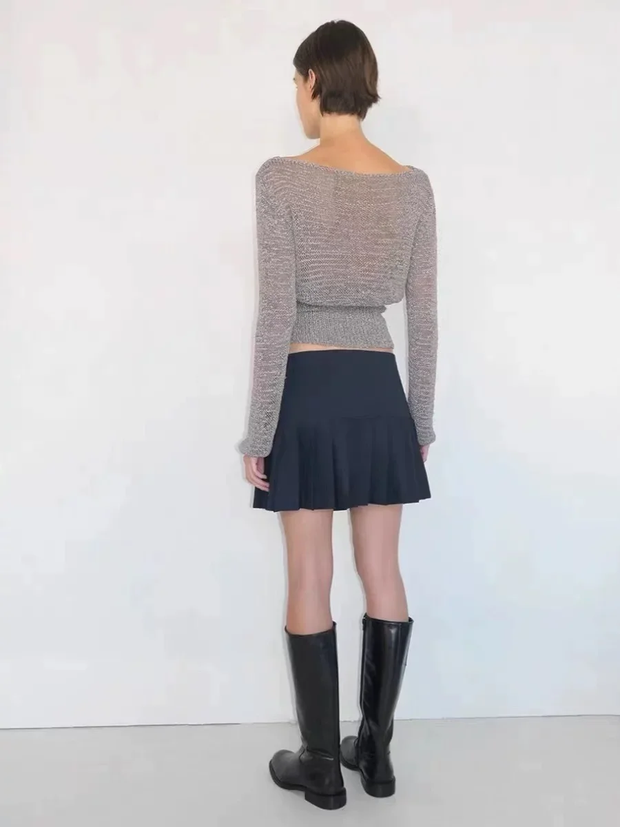 Pa wl Spain INS same style pure desire navy blue mini low waist pleated half body skirt