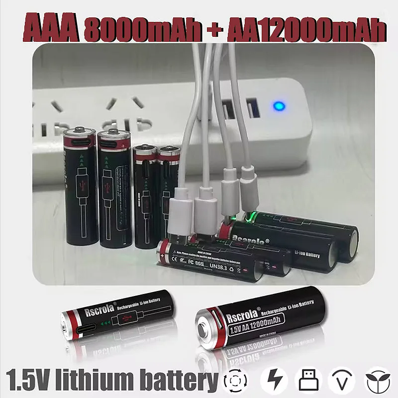 قدرة عالية 1.5 فولت AA 12000 مللي أمبير/AAA 8000 مللي أمبير بطارية ليثيوم قابلة للشحن نوع-C شحن سريع للتحكم عن بعد لعبة ماوس RC