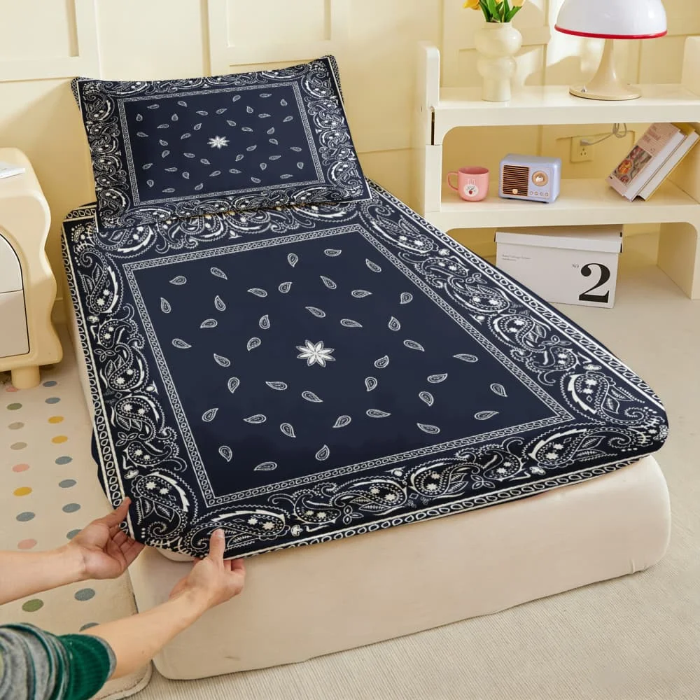 1pc Navy Blue Paisley Bandana Print Fitted Sheet Deep Pocket Elastic Mattress Cover Single Double Queen King Bedroom Decor