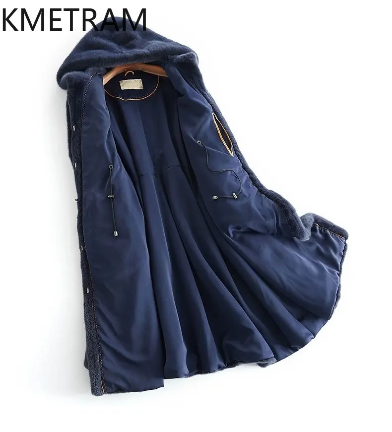 سترة KMETRAM 100% من فرو المنك الطبيعي بالكامل للنساء معطف طويل من الفرو الحقيقي باللون الأزرق الداكن مع غطاء محرك السيارة معاطف شتوية ملابس نسائية 2025 schuba
