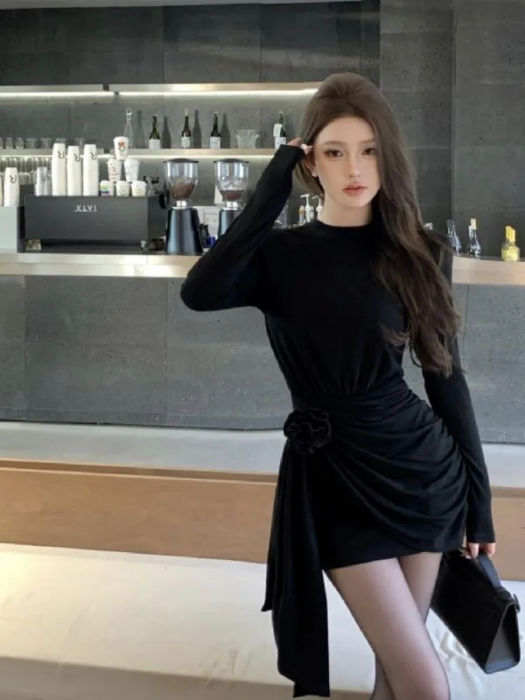 Temperamento flor Irregular Mini vestido mujeres 2025 nuevo sólido manga larga Slim Fit pliegues Vestidos de fiesta Vestidos atractivos