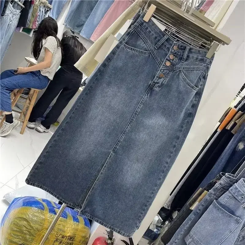 تنورة دينم عالية الخصر للتخسيس مقاس كبير للنساء ربيع جديد نمط متوسط الطول على شكل حرف a مع فتحة جانبية هامشية #3