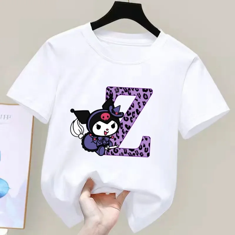 Kuromi Anime Letter A-Z Children's Short-sleeved New Sanrio Summer T-shirt Clothes Girly Heart Soft Clothes Kawaii Birthday Gift