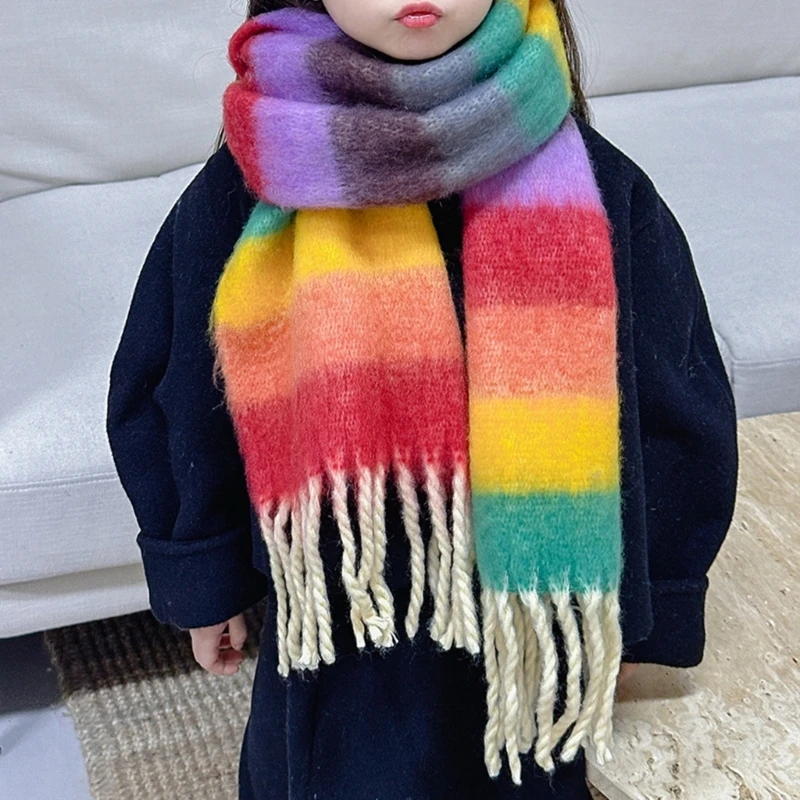 2024 Winter Thick Warm Scarf Kids Cashmere Shawl and Wraps Pashmina Neckerchief Rainbow Colorful scarf for Boys Girls 3-12Y